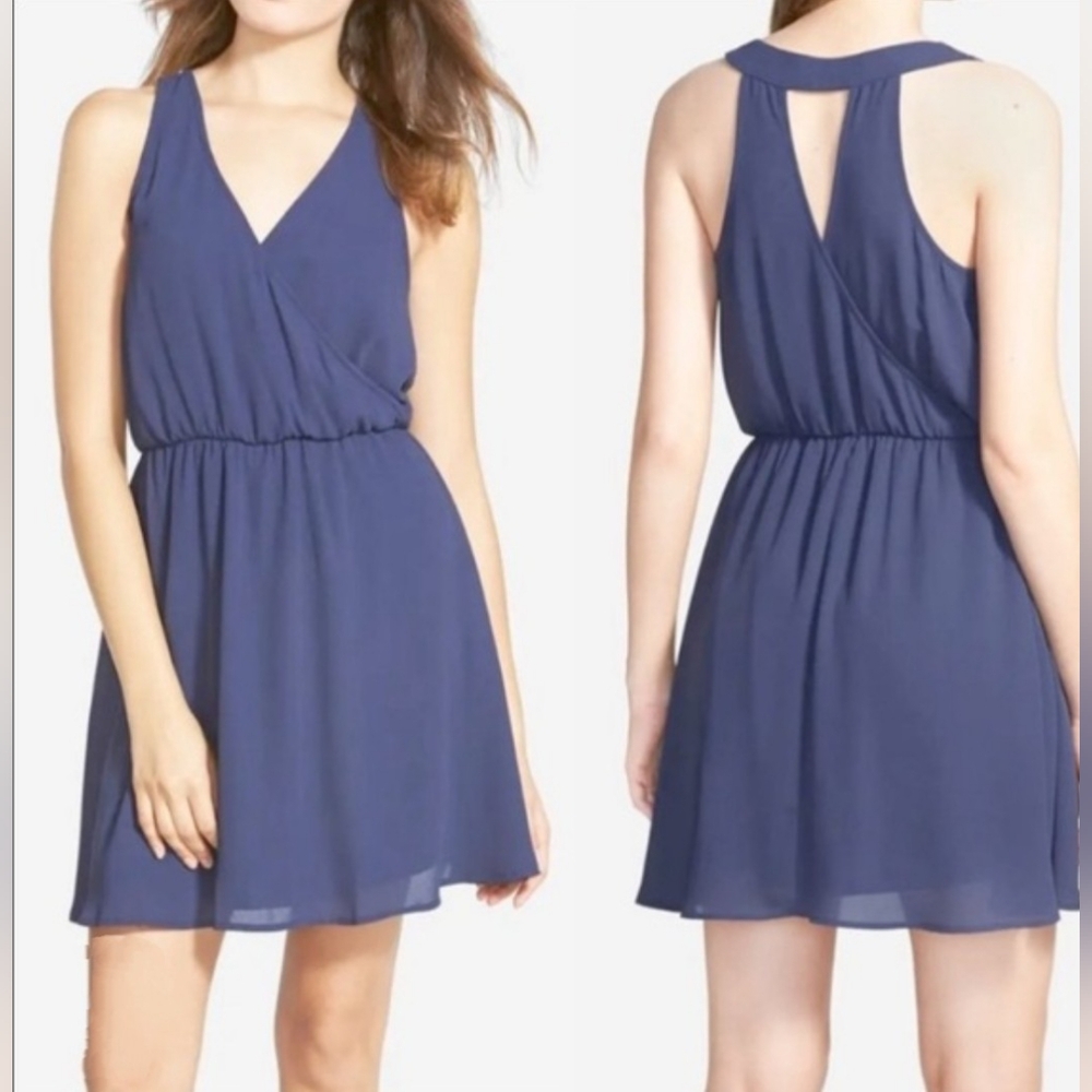 Lush Blue Sleeveless Dress With Wrap Top and Keyhole Back.